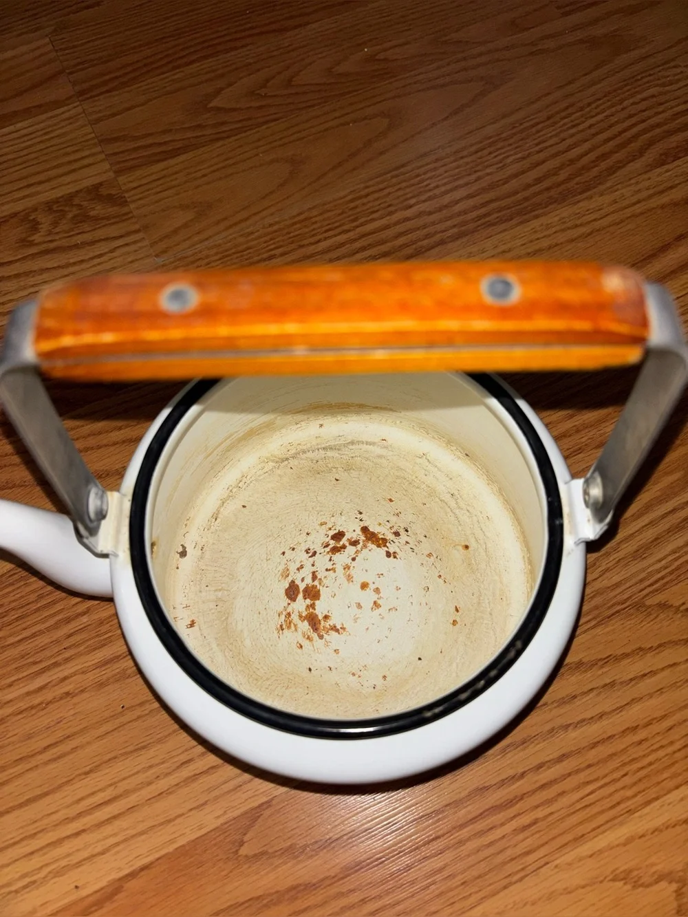 Classic White and Brown Striped Enamel Tea Kettle with Wooden Handle